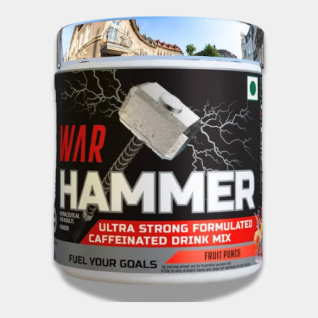 War Hammer ultra strong caffeinated drink mix container on a white background