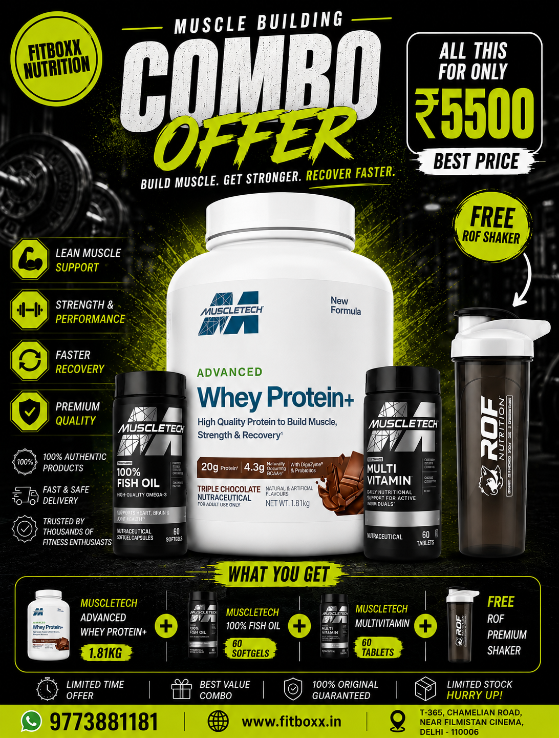 Muscletech Ultimate Muscle Building Combo | Whey Protein + Fish Oil + Multivitamin + Free Shaker