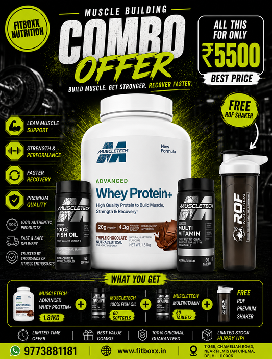 Muscletech Ultimate Muscle Building Combo | Whey Protein + Fish Oil + Multivitamin + Free Shaker