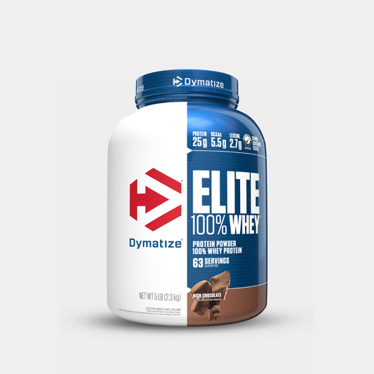 Dymatize Elite 100% Whey protein powder container on a white background